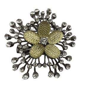 Vintage Gunmetal Tone Yellow Crystal Floral Firework Brooch
